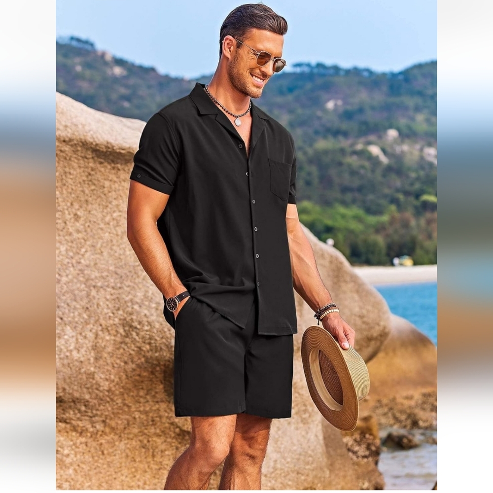 NEW MENS 2 PIECE BLACK BEACH CASUAL BUTTON DOWN SHIRT & SHORT SUIT SIZE LARGE - Picture 11 of 11